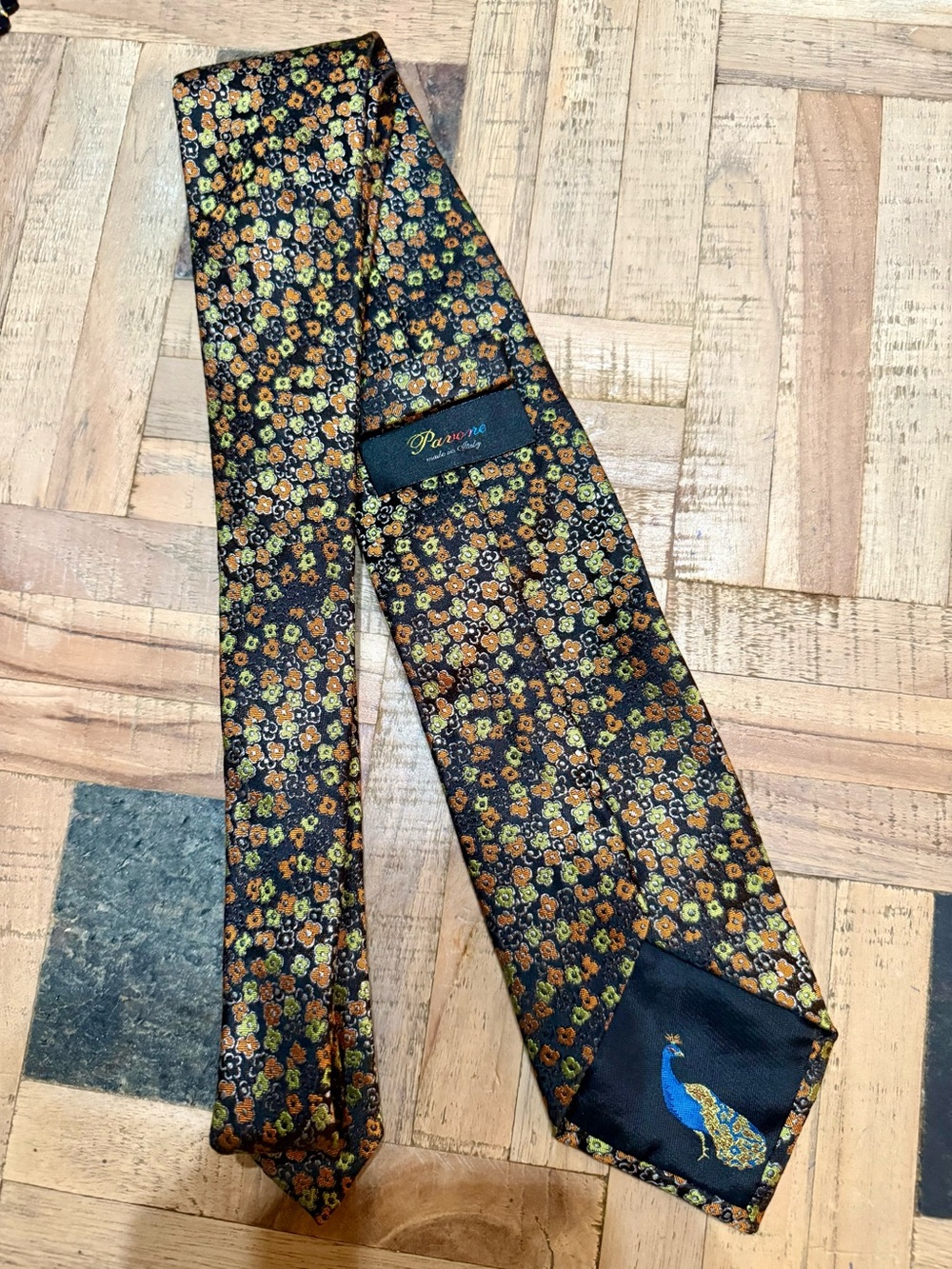 Vintage Pavone Silk Tie Made In Italy Floral Pattern Earth Tones Peacock Logo